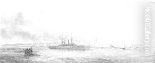 A Battleship Off Valletta Oil Painting by Luigi Maria Galea