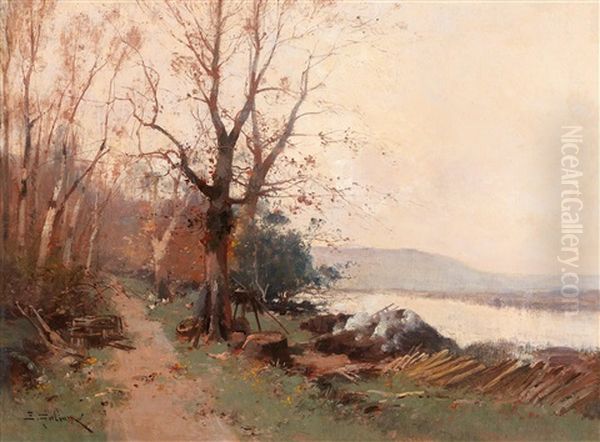 River Landscape Oil Painting by Eugene Galien-Laloue