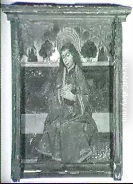 A Male Saint, Seated Small Full Length, Before A Garden Wall Oil Painting by Fernando Gallego y Taller