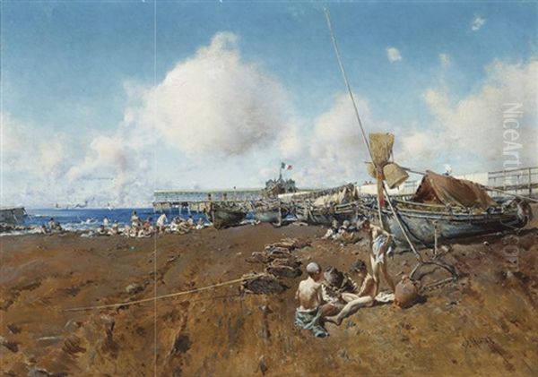 Ninos En La Playa Oil Painting by Baldomero Galofre Y Gimenez