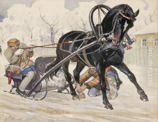 Russische Bauern Beim Einspannen
 Des Pferdeschlittens. Oil Painting by Mikhail Ivanovitch Avilov