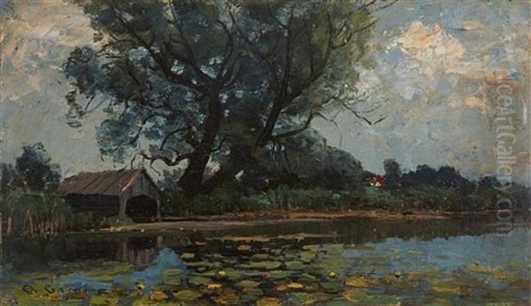 Boathouse By A Lake Oil Painting by Otto Gampert