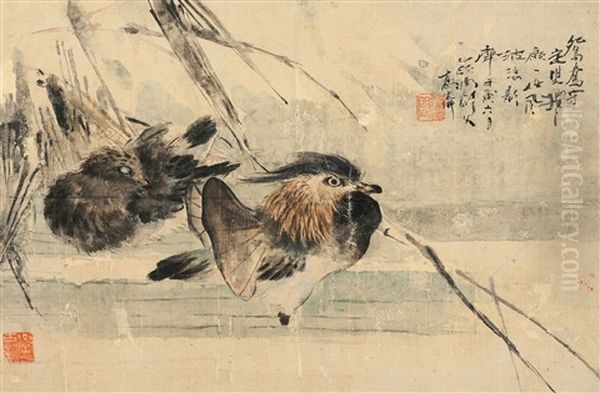 Flower And Bird Oil Painting by  Gao Jianfu