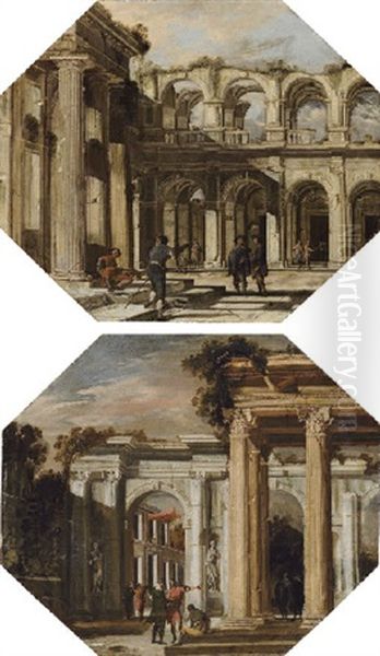 Figures Conversing Amongst Classical Colonnades (+ Another; Pair) Oil Painting by Domenico Gargiulo