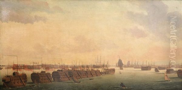 Prison Hulks In Line Ahead At Portsmouth Harbour Oil Painting by Ambroise Louis Garneray