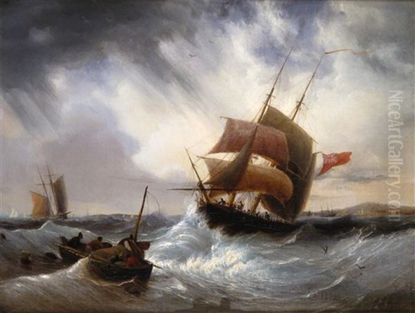 A Brig And A Small Boat In A Stormy Sea Oil Painting by Ambroise Louis Garneray