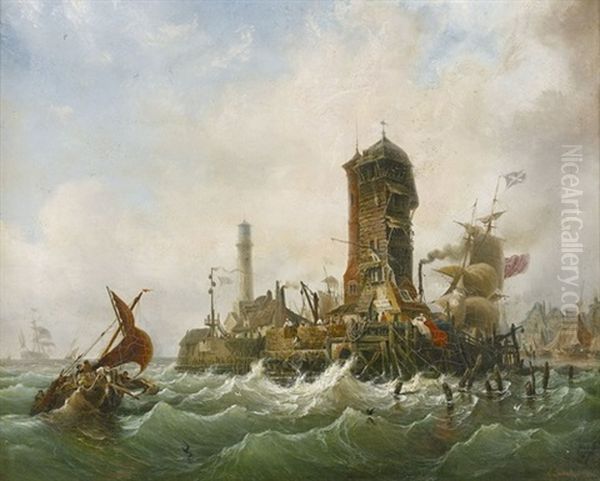 Sturmische Hafenpartie Oil Painting by Ambroise Louis Garneray