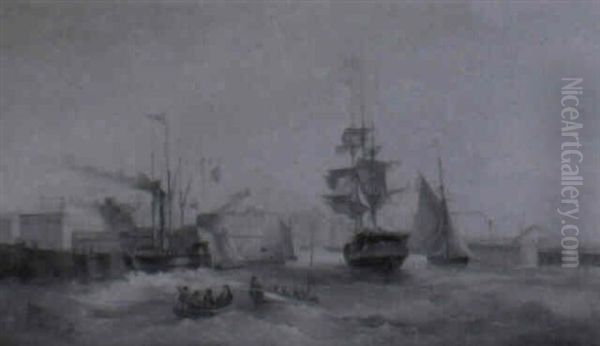 Navire Et Bateau-vapeur Aux Abords De L'entree D'un Port Oil Painting by Hippolyte Garneray