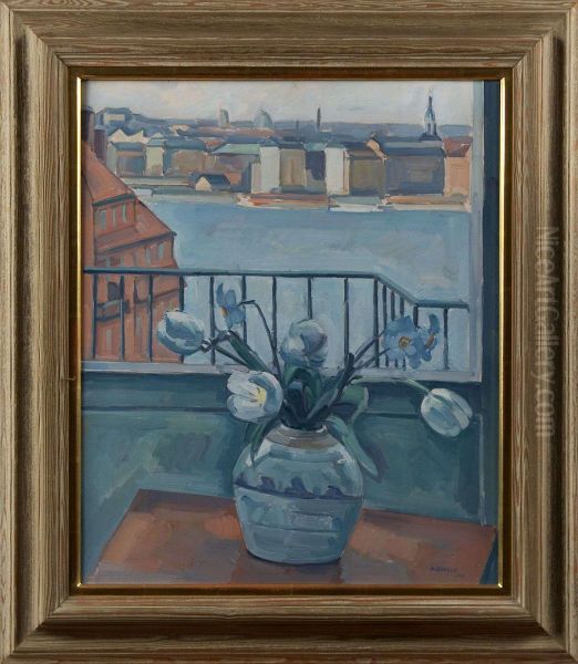 Blommor Ifonster Oil Painting by Victor Axelson