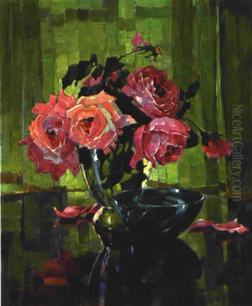 Rosenstraus Auf Einem Glastisch Vor Grunem Hintergrund Oil Painting by Anna Gasteiger