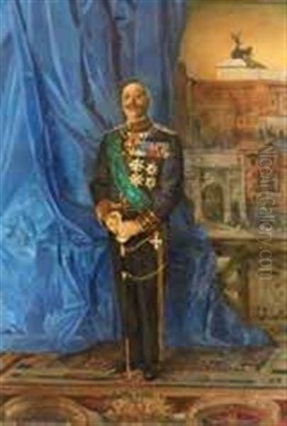 Portrait En Pied Du General Cesare Maria De Vecchi De Valcismon Avec Le Forum Et Le Capitole En Arriere-plan Oil Painting by Pietro Gaudenzi