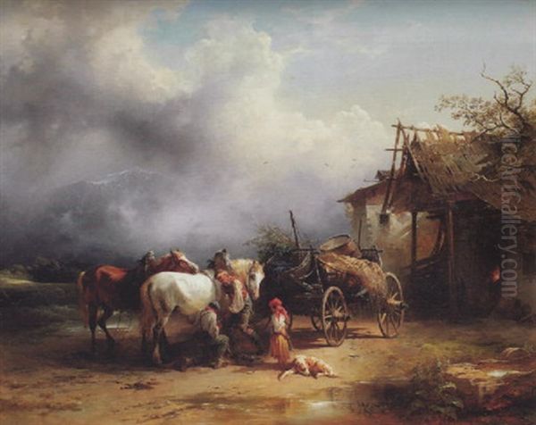 Beim Hufschmied Oil Painting by Friedrich Gauermann