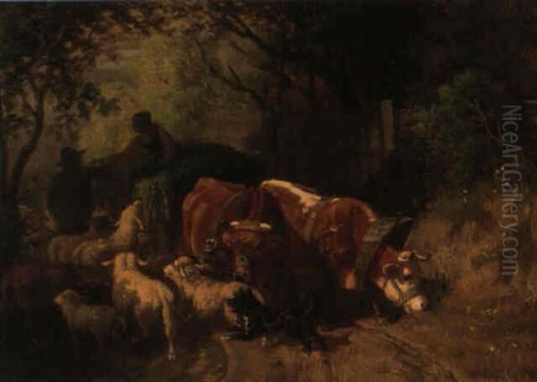 Bauerin Und Bauer Mit Einem Ochsengespann, Schafen Und Hund Oil Painting by Friedrich Gauermann