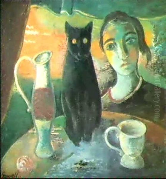 Stillebenhafte Szenemit Schwarzer Katze Oil Painting by Oskar Gawell
