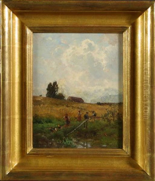 Barn, Figures And Chickens In Rural Landscape Oil Painting by Edward B. Gay