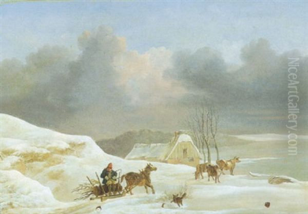 Vinterlandskab Med Kanekorende Mand Oil Painting by Christian David Gebauer