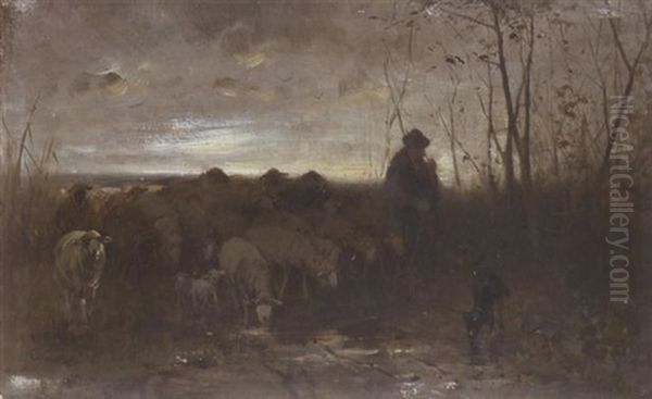 Heimkehrender Schafer Mit Seiner Herde Oil Painting by Otto Friedrich Gebler