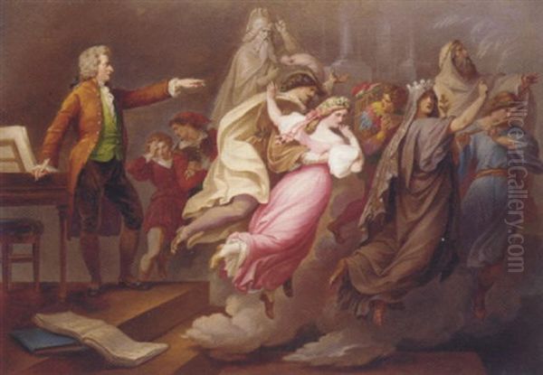 Mozart Directing Imaginary Actors From The Operas 'don Giovanni' And 'the Magic Flute.' Oil Painting by Carl Joseph Geiger