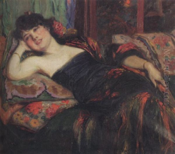 Liegende Mit Schal Oil Painting by Richard Geiger