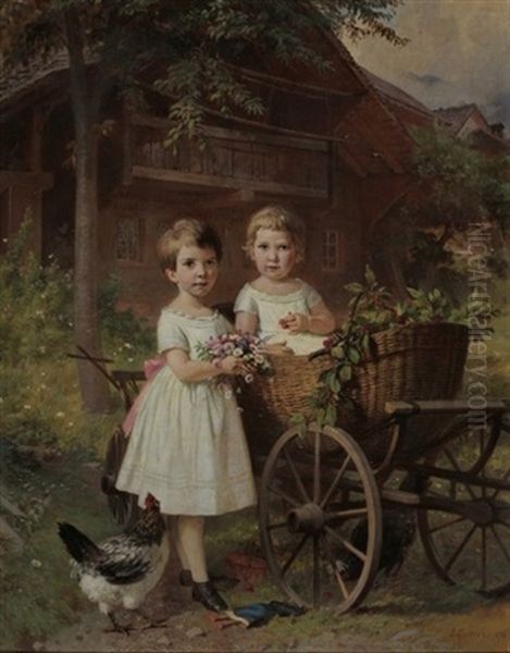 Portrait Von Zwei Kleinen Madchen Beim Sonntagsausflug Auf Dem Land Oil Painting by Johann-Joseph Geisser