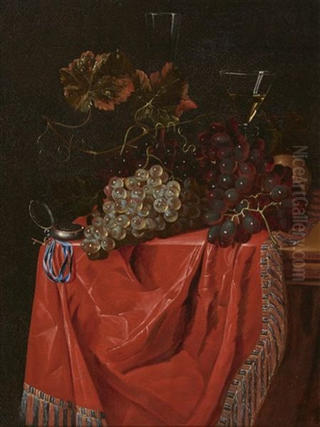 Still Life Of Grapes, A Clock And Wine Glasses Oil Painting by Nicolaes Van Gelder