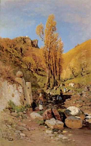 Feldweg Mit Bauerinnen Bei Taormina Oil Painting by Otto Geleng