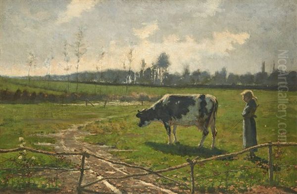 Jeune Vachere Au Coucher Du Soleil Oil Painting by Jean Philippe George-Julliard