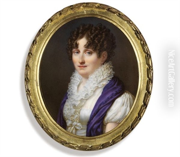 A Young Lady, In White Dress With Frilled Collar, Ribbon Tied At Waist, Mauve Shawl Draped Over Her Shoulder... Oil Painting by Jean Georget