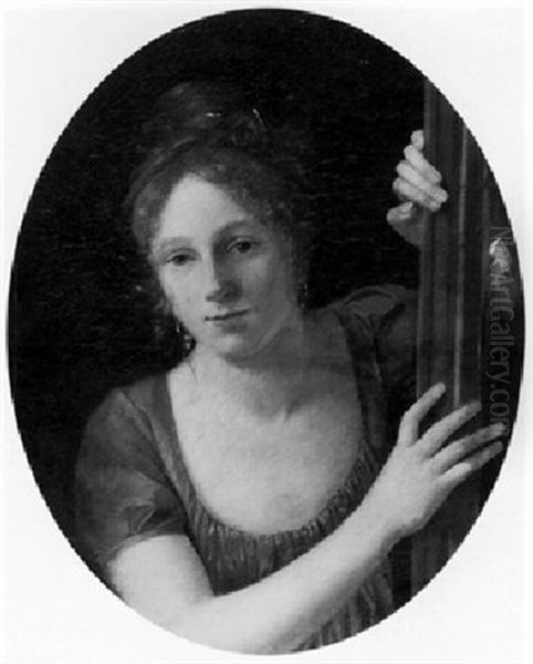 A Young Woman In A Blue Dress At An Open Window Oil Painting by Marguerite Gerard