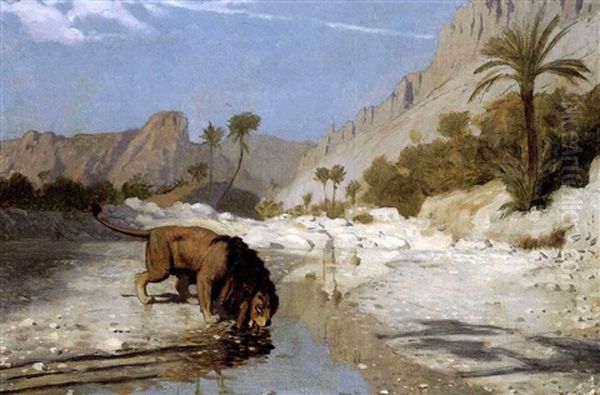 A Lion Drinking From A Desert Stream Oil Painting by Jean-Leon Gerome