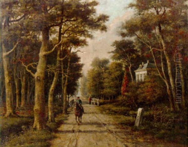A Horseman Riding On A Country Lane Oil Painting by Adriaan Marinus Geyp