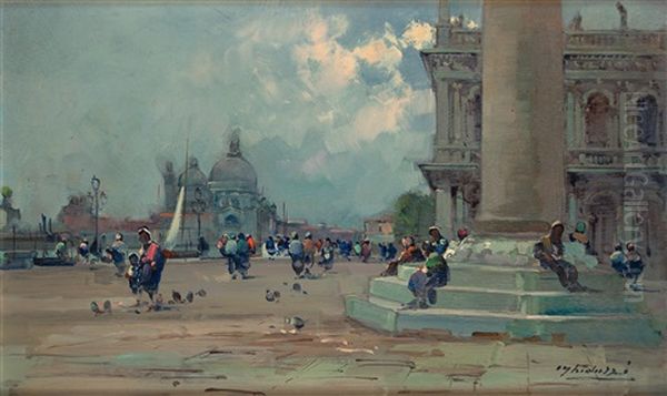 La Chiesa Della Salute; Palazzo Ducale A Venezia (pair) Oil Painting by Cesare Gheduzzi