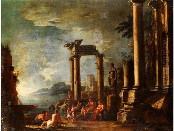 Ruinenlandschaft Mit Antiker Figurenstaffage Oil Painting by Giovanni Ghisolfi