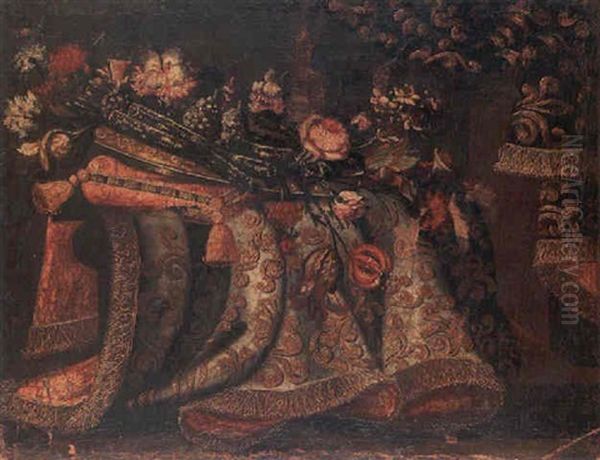 A Still Life Of Flowers On A Cushion Resting On A Table Draped With An Embroidered Curtain Oil Painting by Antonio Gianlisi