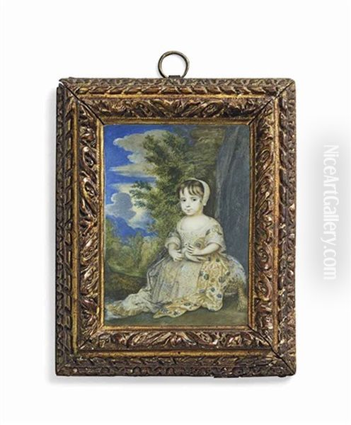 A Young Girl Seated In A Woodland Landscape, In White Dress With Blue And Gold Floral Pattern, Lace Apron, White Bonnet With A Dove On Her Lap... Oil Painting by Richard Gibson