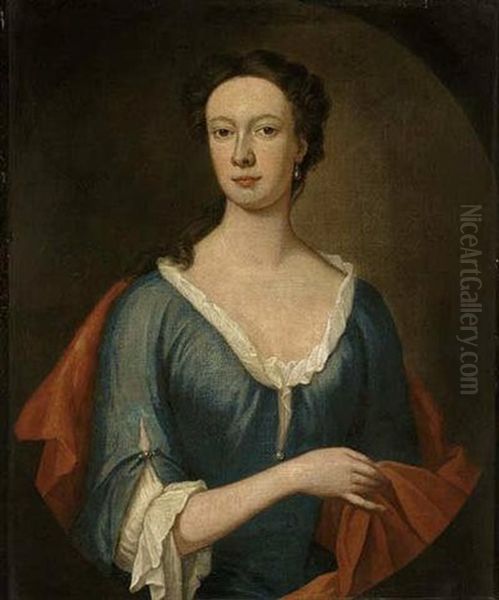 Portrait Of Frances Wynn In A Blue Dress And Red Wrap Oil Painting by Thomas Gibson