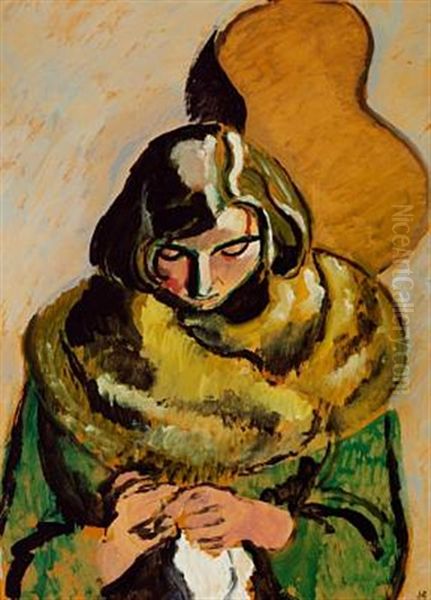 Dame Med Pelskrave Oil Painting by Harald Giersing