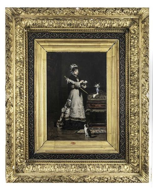 Lady With Parasol, With Cat By Feet Oil Painting by Victor Gabriel Gilbert