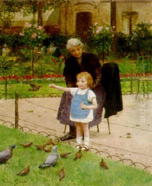Feeding The Birds Oil Painting by Victor Gabriel Gilbert