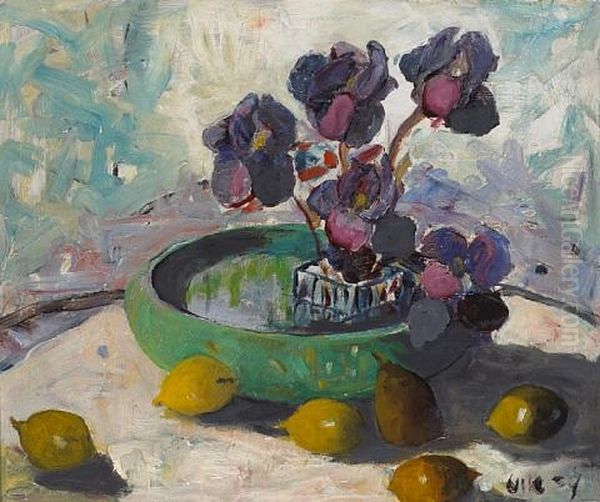 Irises And Fruit (+ Sun-washed Homes On A Hill, Verso) Oil Painting by Selden Connor Gile