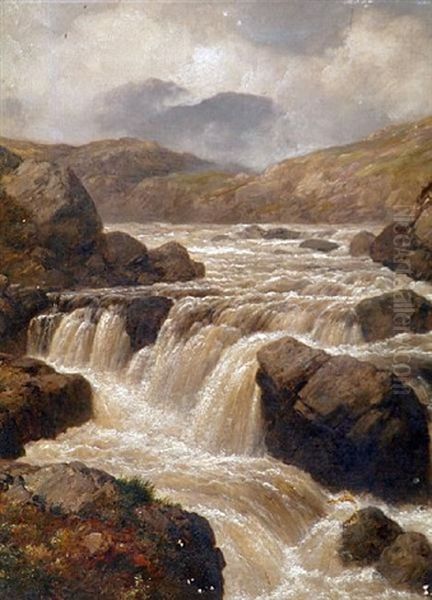 Rocky Glen With Waterfall (+ Another; Pair) Oil Painting by Edmund Gill