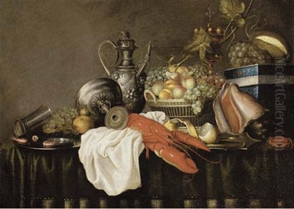 A Lobster On A White Cloth, And Fruit, A Silver Jug, Goblet And Beaker, Prawns On A Table Oil Painting by Jan Pauwel Gillemans The Elder