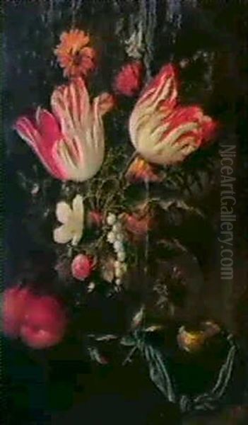 Vase Fleuri De Tulipes Et De Muguet Et Montre               Disposes Sur Un Entablement Oil Painting by Jan Pauwel Gillemans The Elder