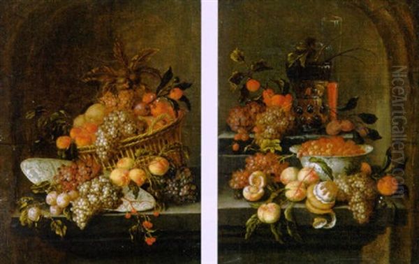 Grapes, Peaches, Oranges And Other Fruit In A Basket, On A Tone Ledge In A Niche Oil Painting by Jan Pauwel Gillemans the Younger