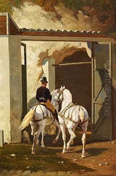 En Rytter Med To Hvide Heste Oil Painting by Louis Eugene Ginain
