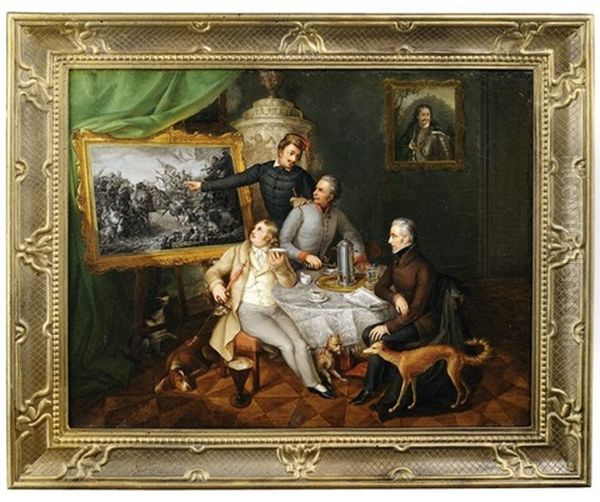 Kaffeetrinkende Herrenrunde Im Salon Oil Painting by Josef Ginovsky