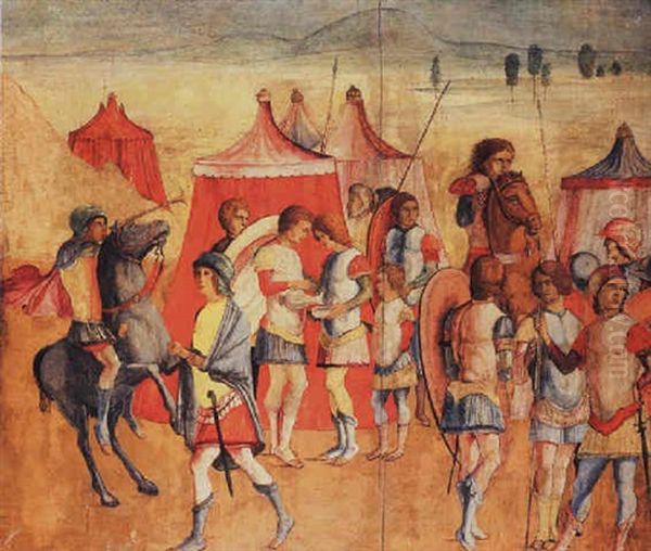A Roman Encampment Oil Painting by Niccolo (Ursino Veronensis) Giolfino the Younger