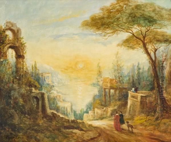 Couple Au Levrier Et Vue De Florence Oil Painting by Adolphe Bachmann