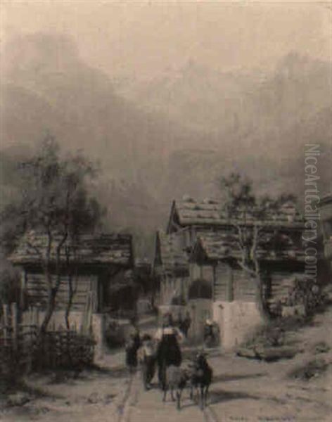 Dorfstrase Mit Hirten Oil Painting by Karl Girardet