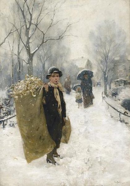 Der Sagespanesammler Im Winter. Oil Painting by Hans Bachmann